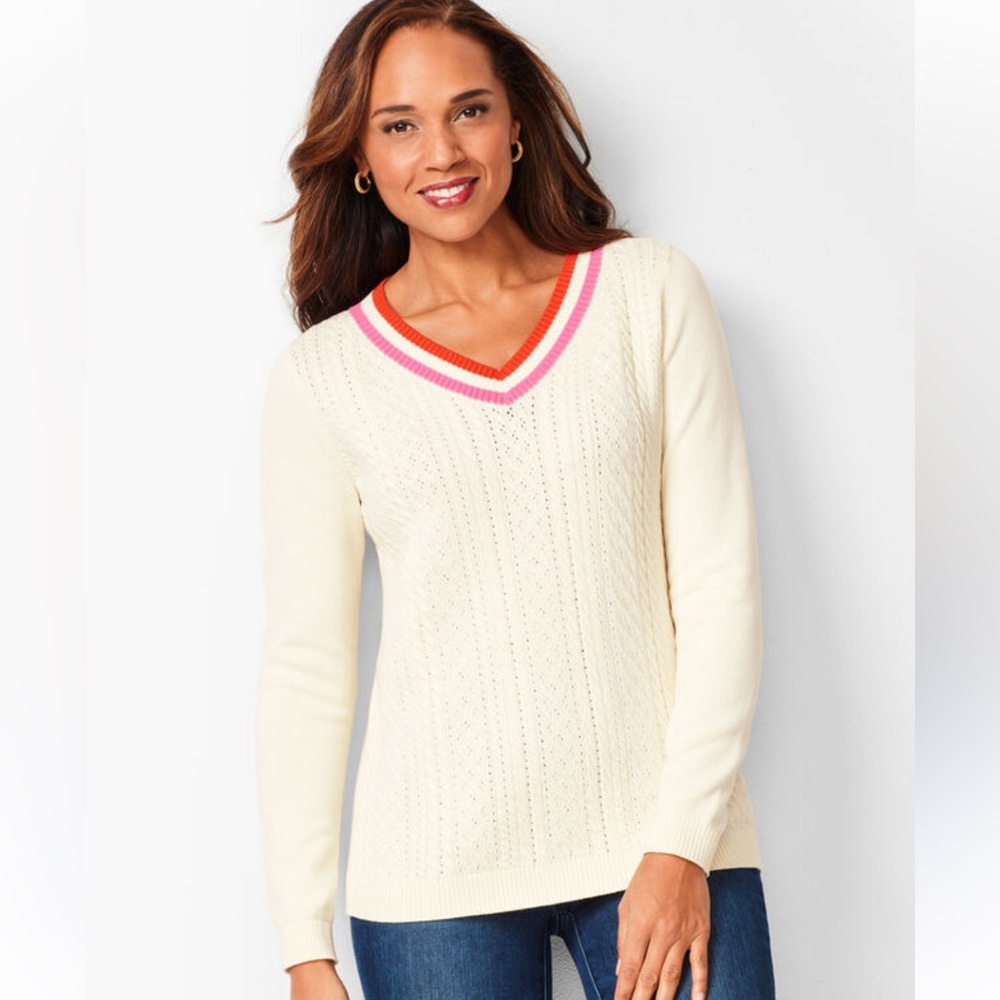 Talbots Pointelle Cream V-Neck Sweater with Pink Trim